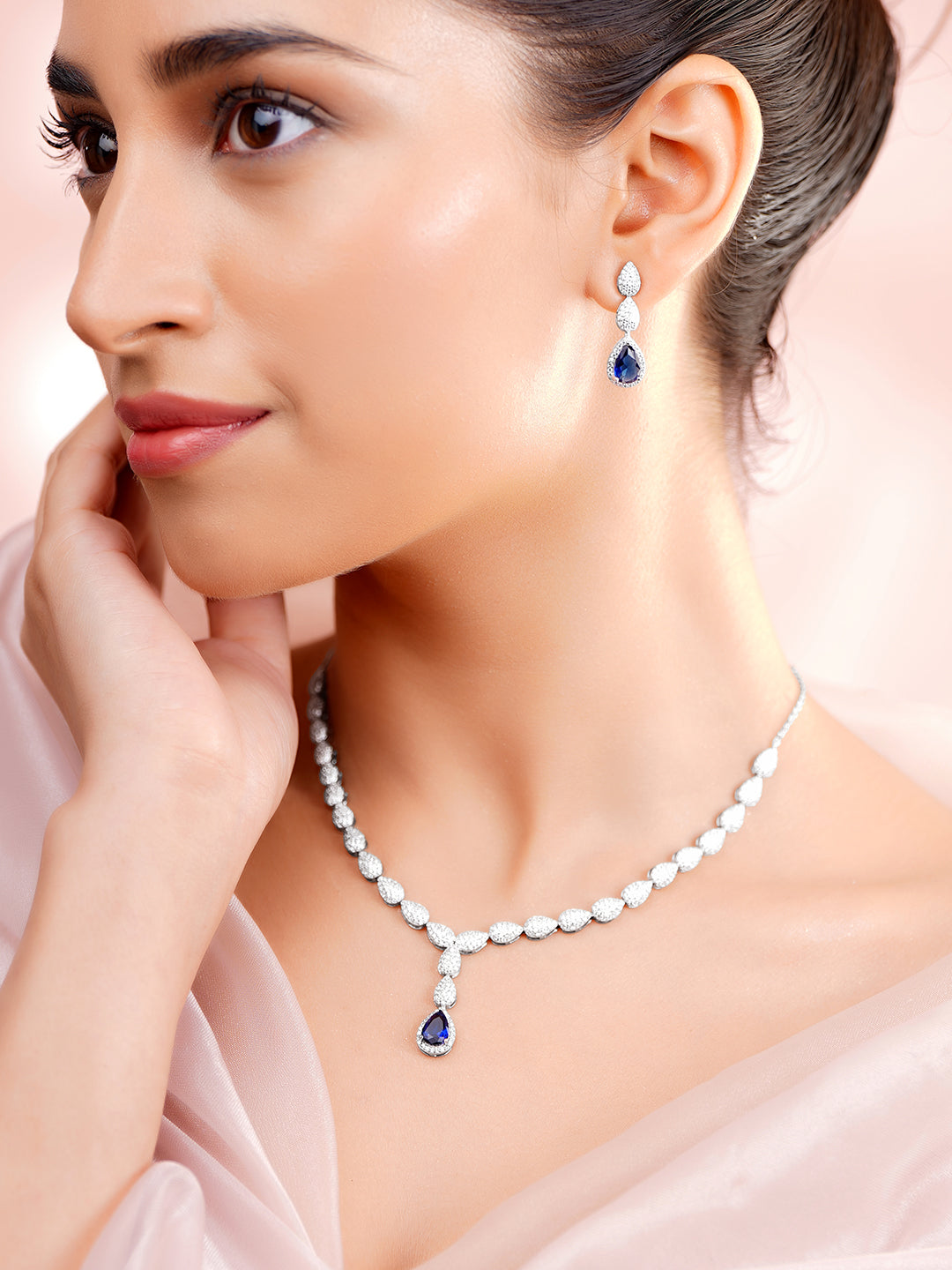 925 Fine Silver Rhodium Plated Blue Tear Drop Necklace Set フリーサイズ