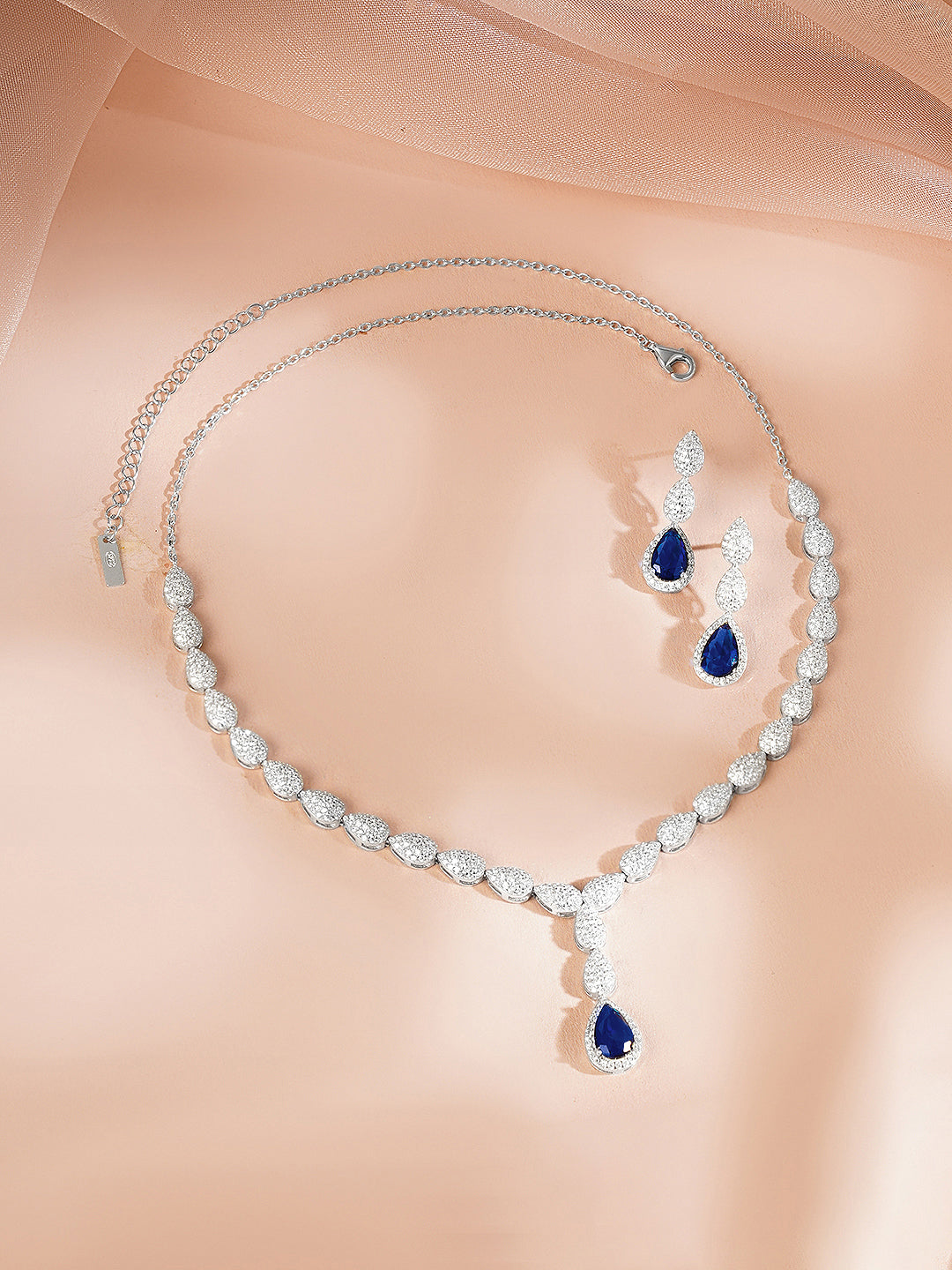 925 Fine Silver Rhodium Plated Blue Tear Drop Necklace Set フリーサイズ