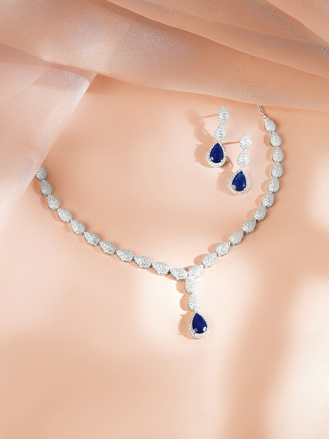 925 Fine Silver Rhodium Plated Blue Tear Drop Necklace Set フリーサイズ