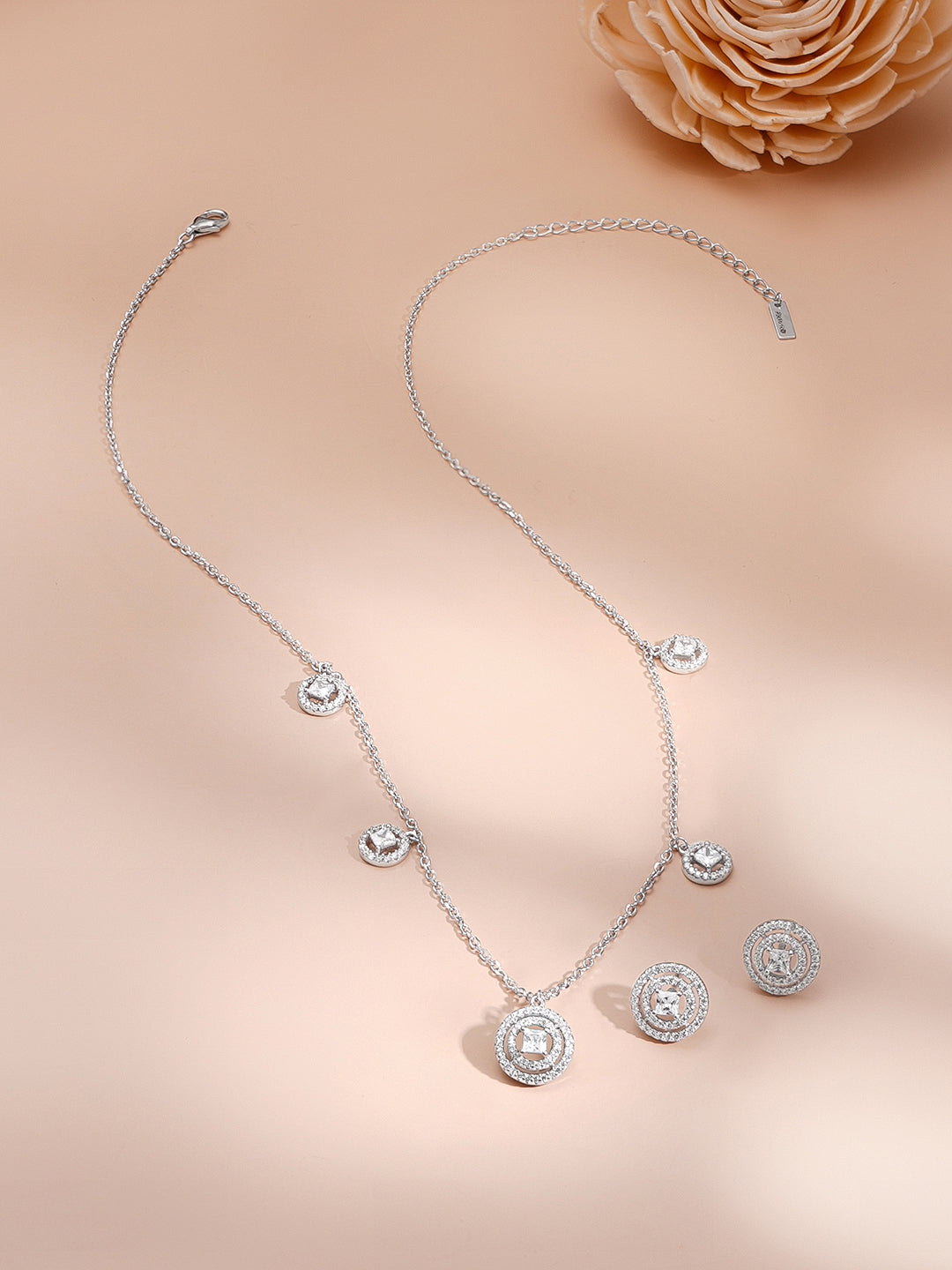 925 Fine Silver Rhodium Plated Necklace Set With Round Charms フリーサイズ