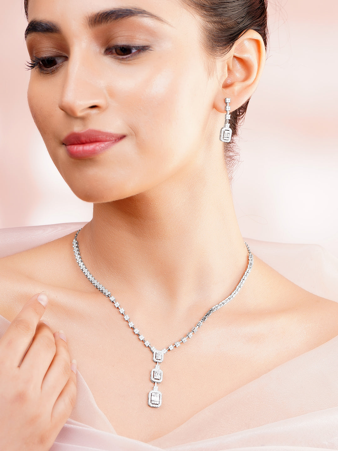 925 Fine Silver Rhodium Plated Cubic Drop Necklace Set フリーサイズ
