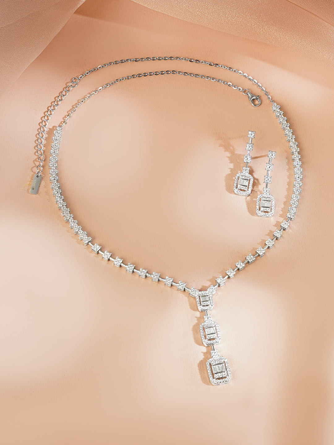 925 Fine Silver Rhodium Plated Cubic Drop Necklace Set フリーサイズ