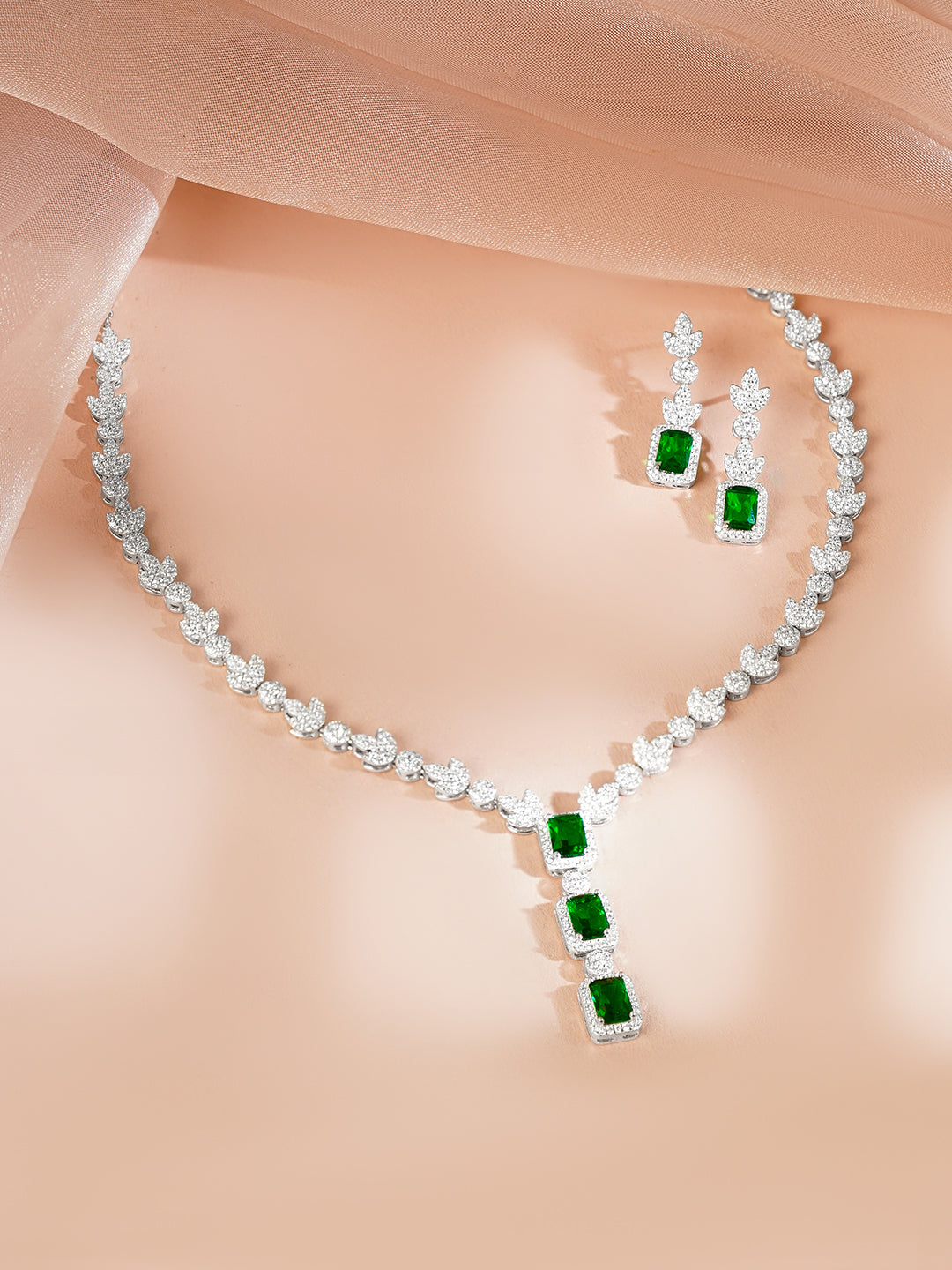 925 Fine Silver Rhodium Plated Cubic Drop Emerald Necklace Set フリーサイズ