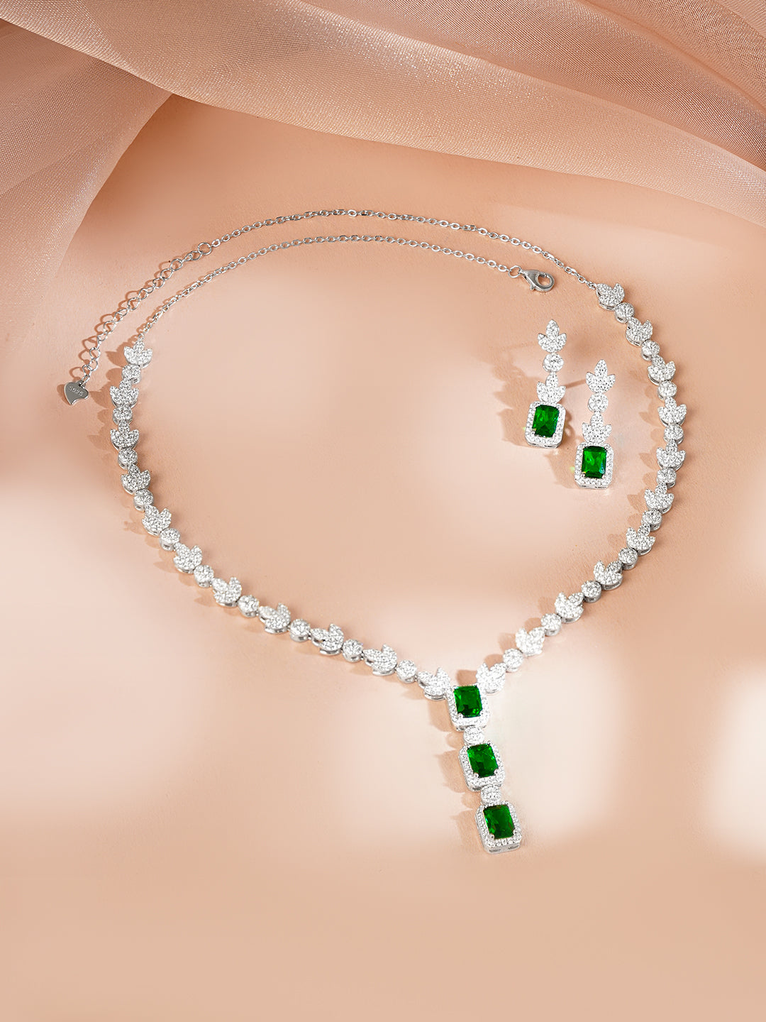 925 Fine Silver Rhodium Plated Cubic Drop Emerald Necklace Set フリーサイズ