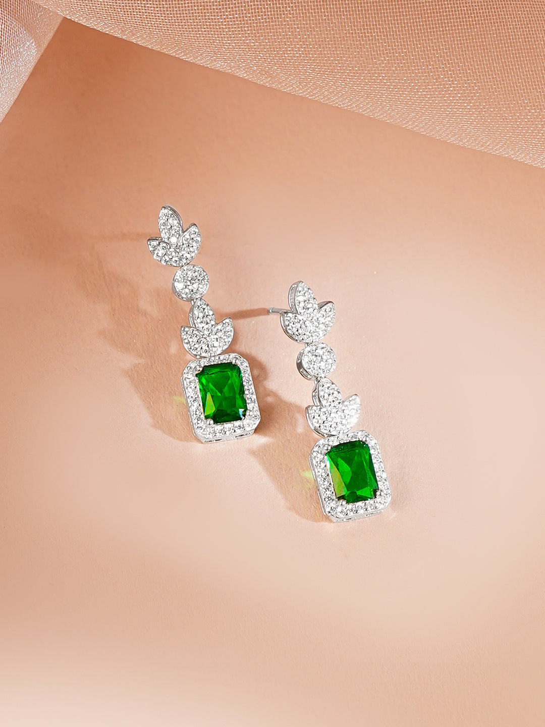 925 Fine Silver Rhodium Plated Cubic Drop Emerald Necklace Set フリーサイズ