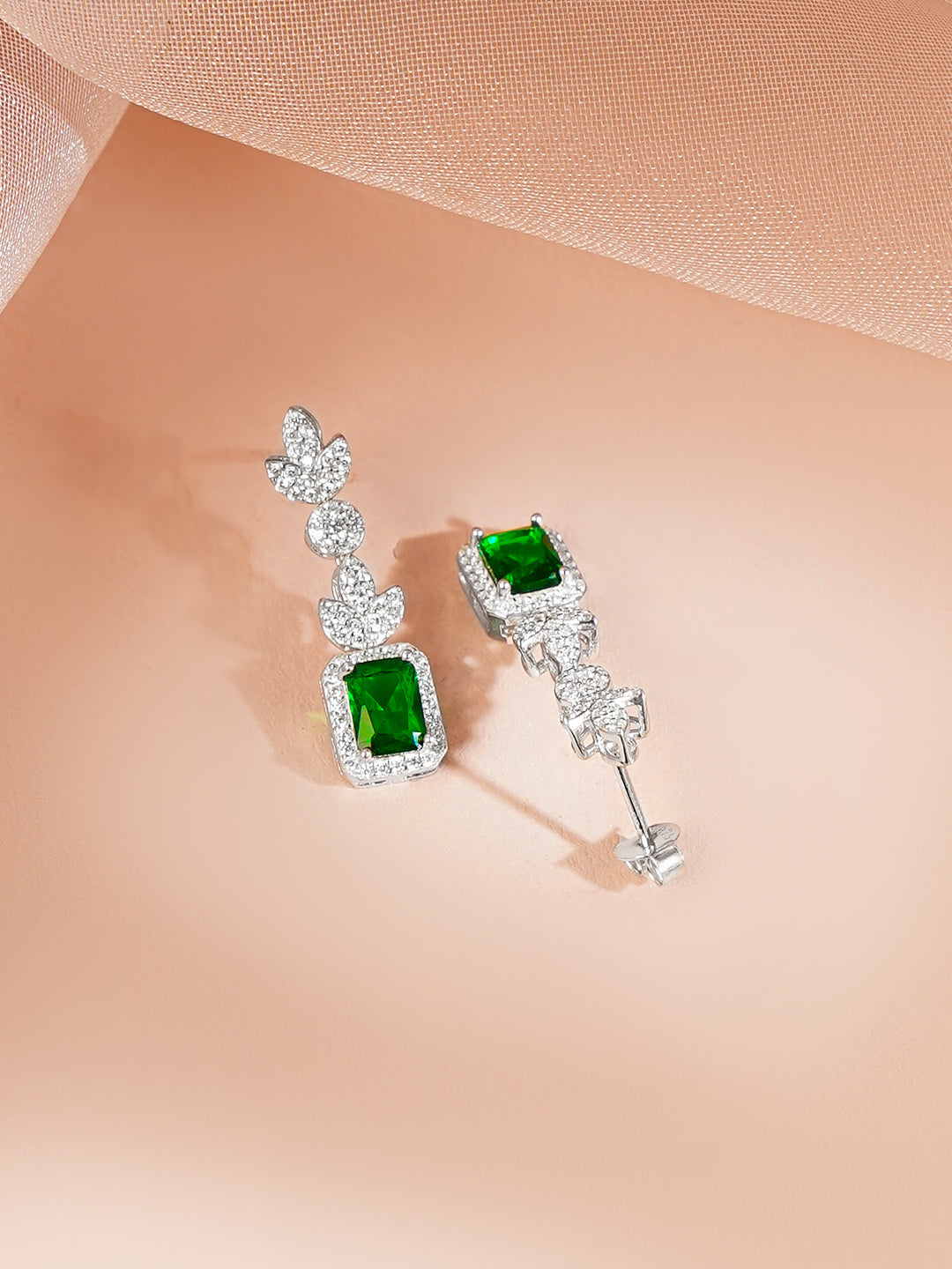 925 Fine Silver Rhodium Plated Cubic Drop Emerald Necklace Set フリーサイズ
