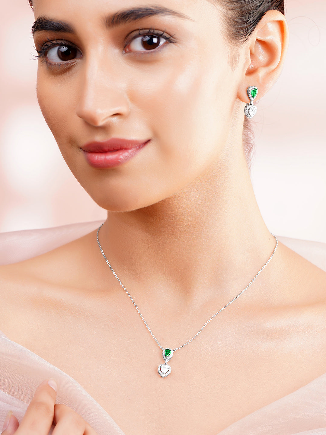 925 Fine Silver Rhodium Plated Heart Drop Emerald Necklace Set フリーサイズ
