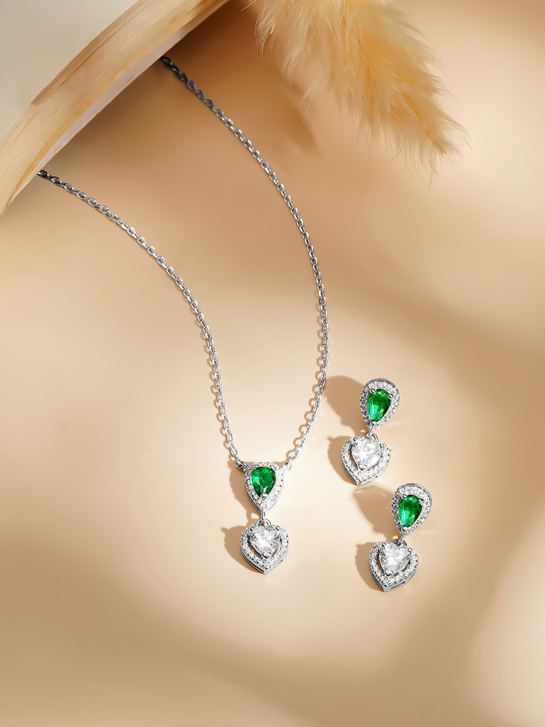 925 Fine Silver Rhodium Plated Heart Drop Emerald Necklace Set フリーサイズ