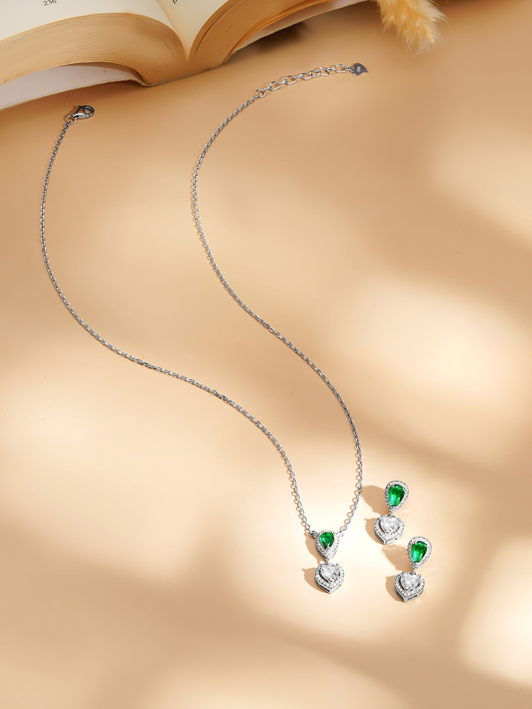 925 Fine Silver Rhodium Plated Heart Drop Emerald Necklace Set フリーサイズ