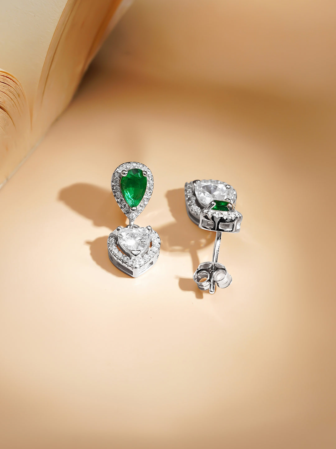 925 Fine Silver Rhodium Plated Heart Drop Emerald Necklace Set フリーサイズ