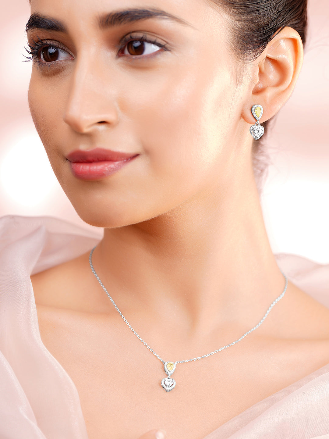 925 Fine Silver Rhodium Plated Heart Drop Yellow Citrine Necklace Set フリーサイズ