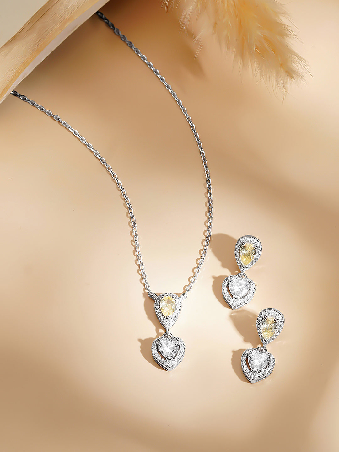 925 Fine Silver Rhodium Plated Heart Drop Yellow Citrine Necklace Set フリーサイズ