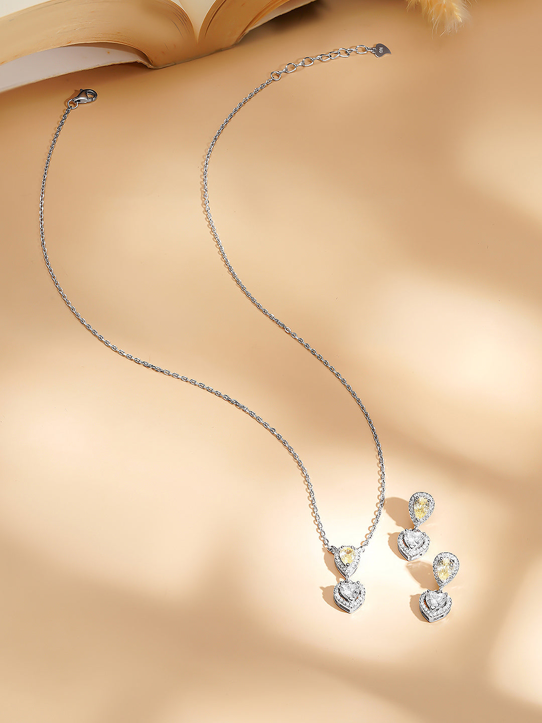 925 Fine Silver Rhodium Plated Heart Drop Yellow Citrine Necklace Set フリーサイズ