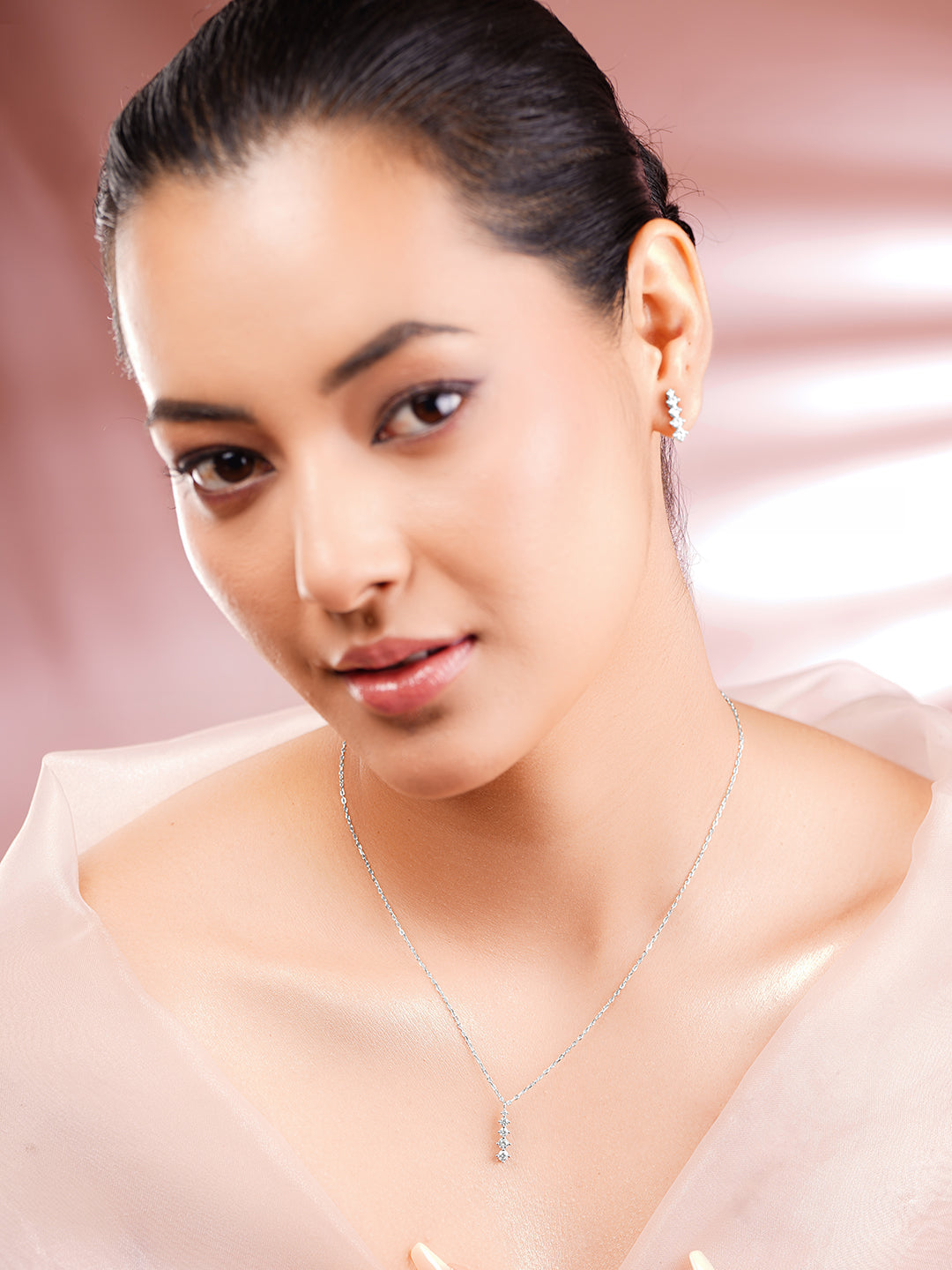925 Fine Silver Rhodium Plated AD Marquise Drop Necklace Set フリーサイズ