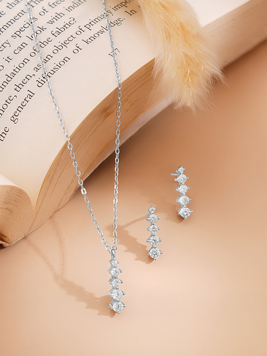 925 Fine Silver Rhodium Plated AD Marquise Drop Necklace Set フリーサイズ