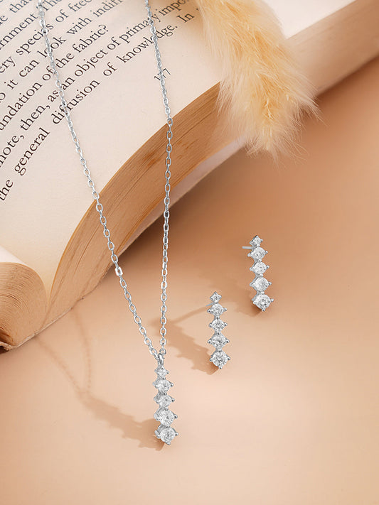 925 Fine Silver Rhodium Plated AD Marquise Drop Necklace Set フリーサイズ