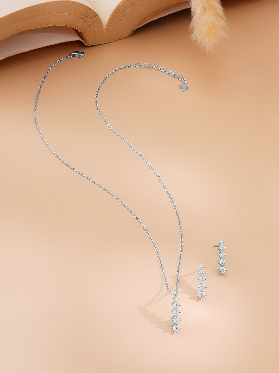 925 Fine Silver Rhodium Plated AD Marquise Drop Necklace Set フリーサイズ