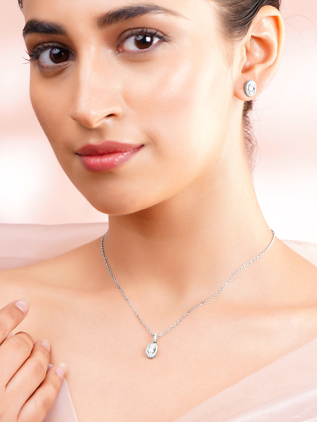 925 Fine Silver Cubic Zirconia Classic Oval Pendant Necklace Set フリーサイズ