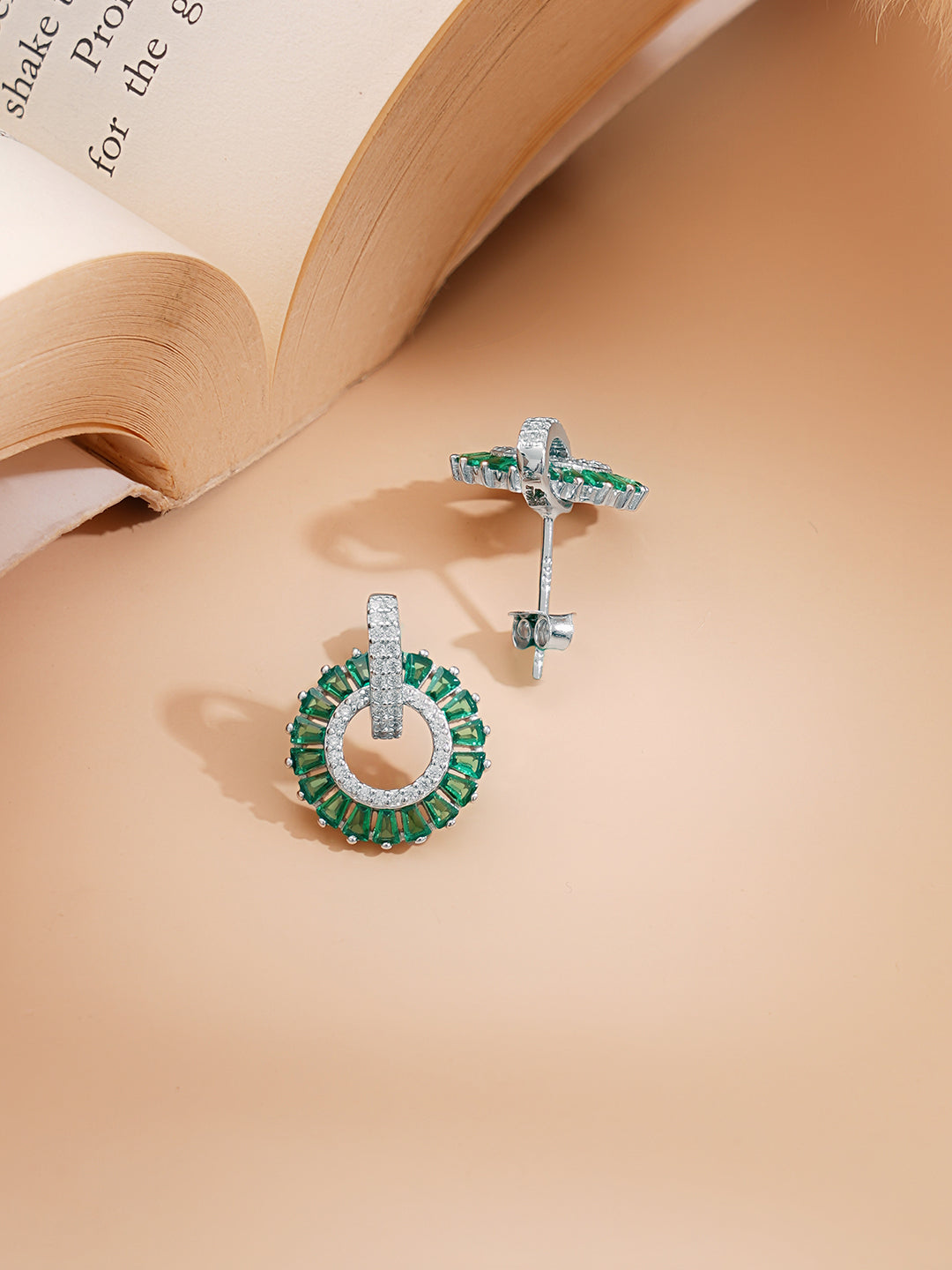 925 Fine Silver Rhodium Plated Emerald AD Circle Charm Pendent Set フリーサイズ