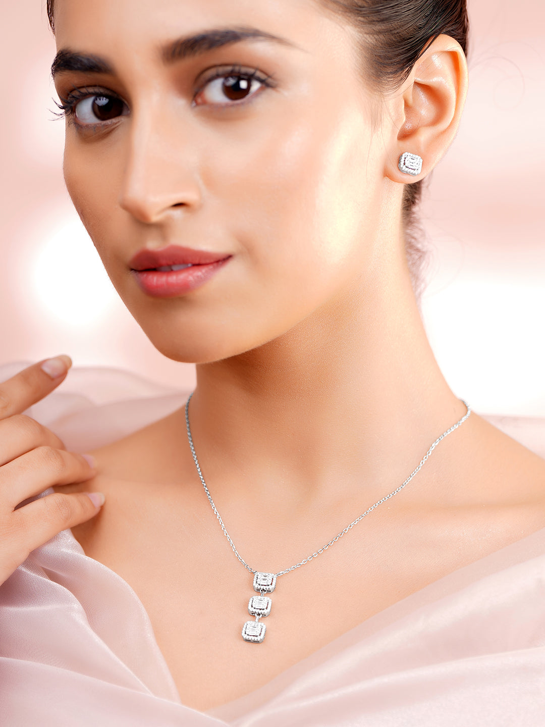 925 Fine Silver Rhodium Plated Cubic Charm Necklace Set フリーサイズ