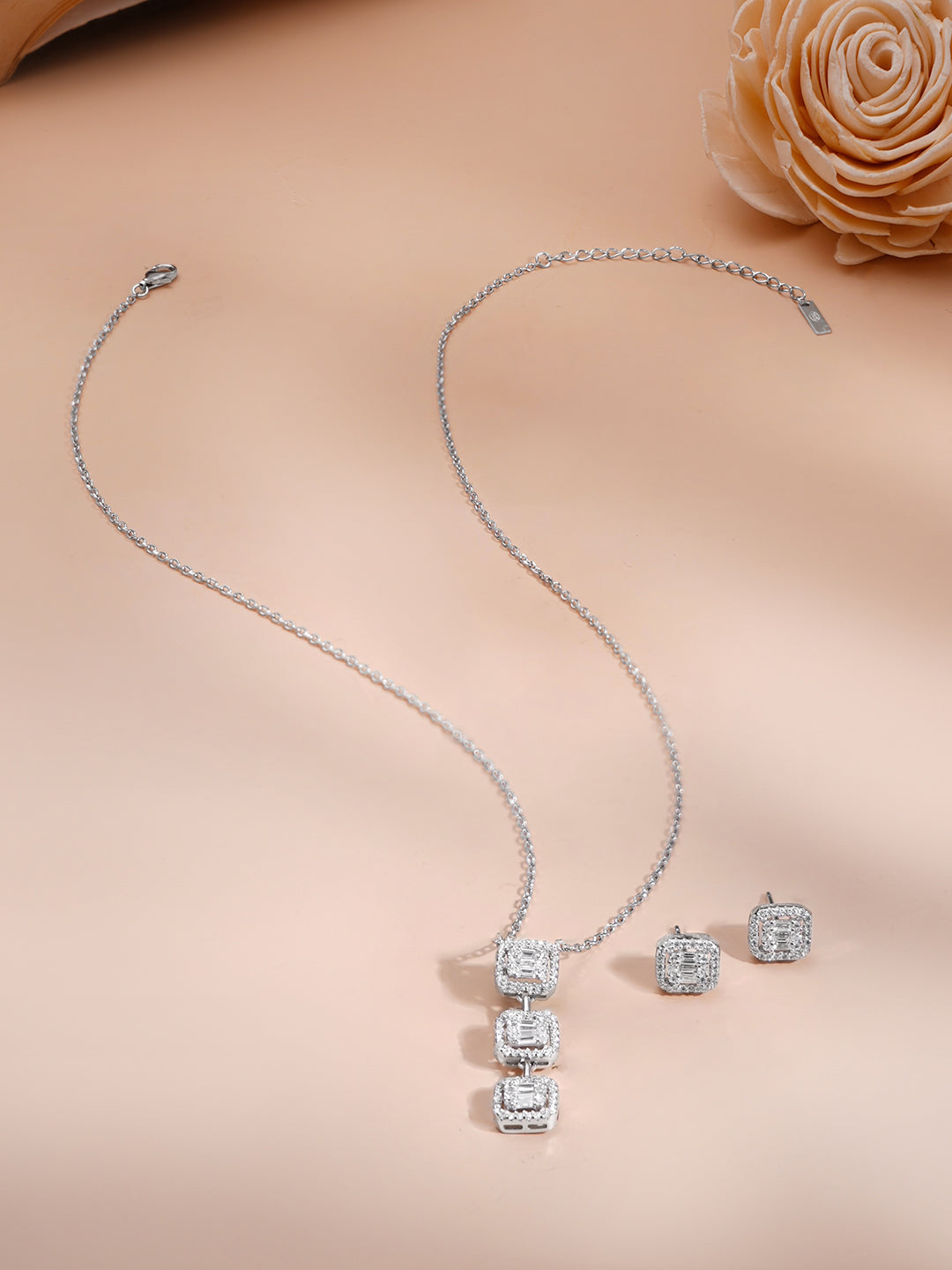 925 Fine Silver Rhodium Plated Cubic Charm Necklace Set フリーサイズ