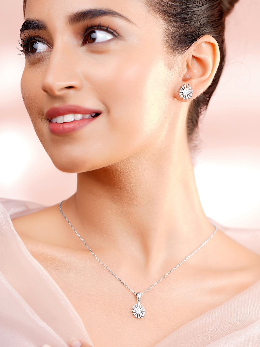 925 Fine Silver Rhodium Plated Floral Charm Necklace Set フリーサイズ