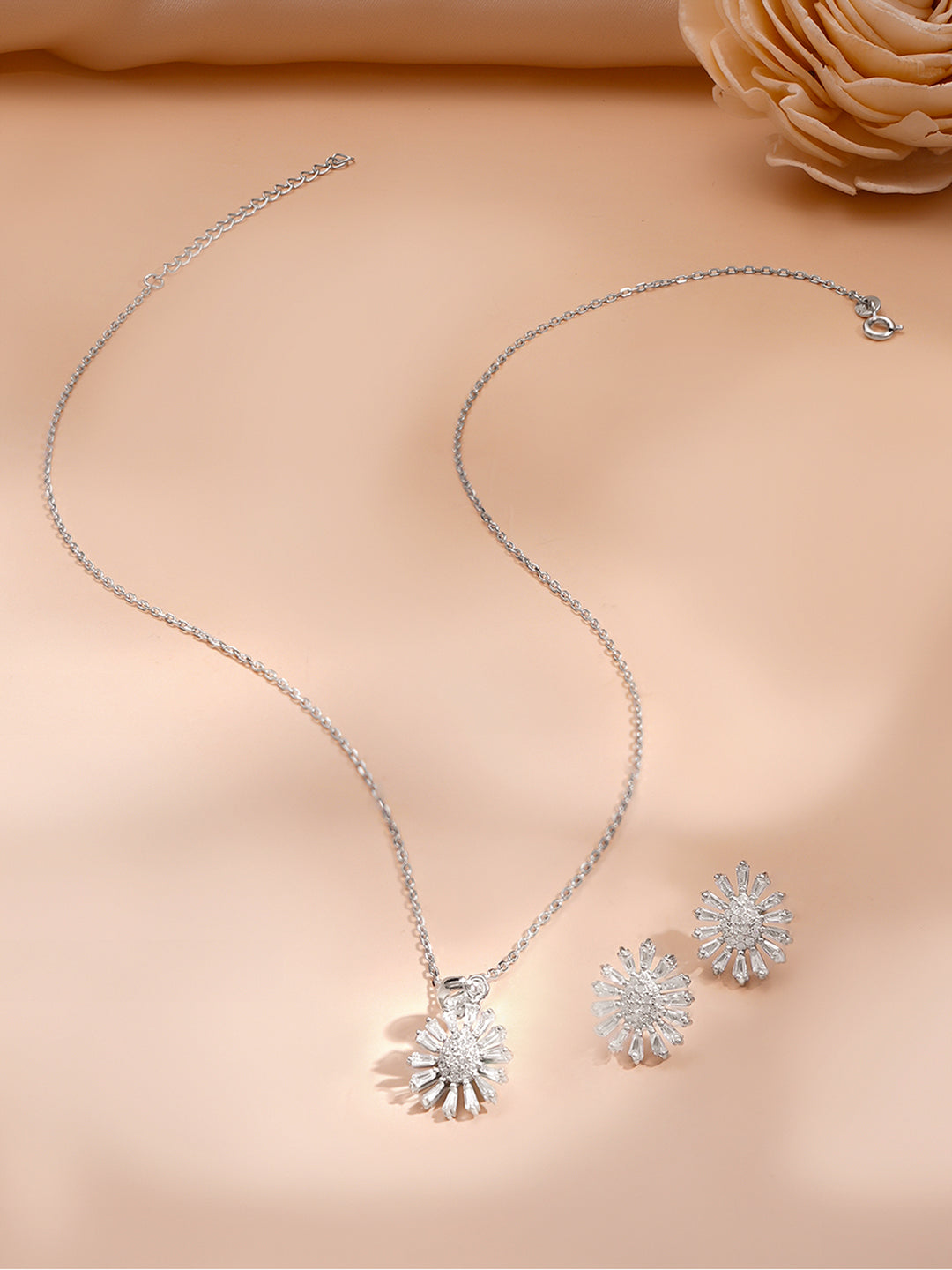 925 Fine Silver Rhodium Plated Floral Charm Necklace Set フリーサイズ