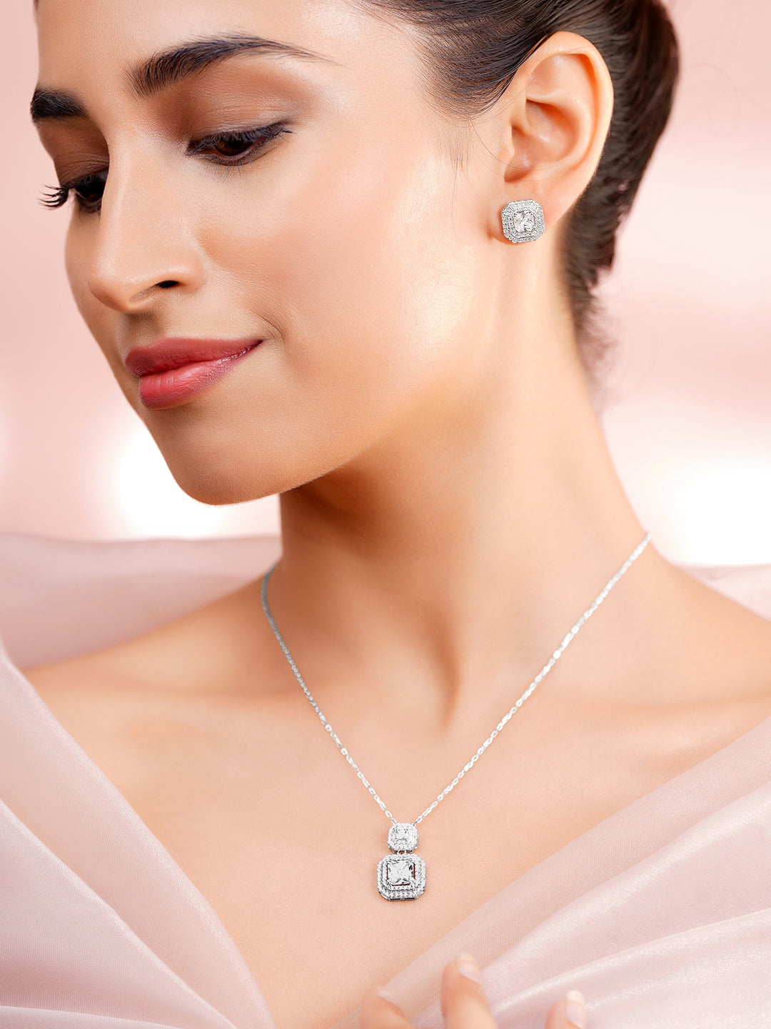 925 Fine Silver Rhodium Plated Cubic Charm Necklace Set フリーサイズ