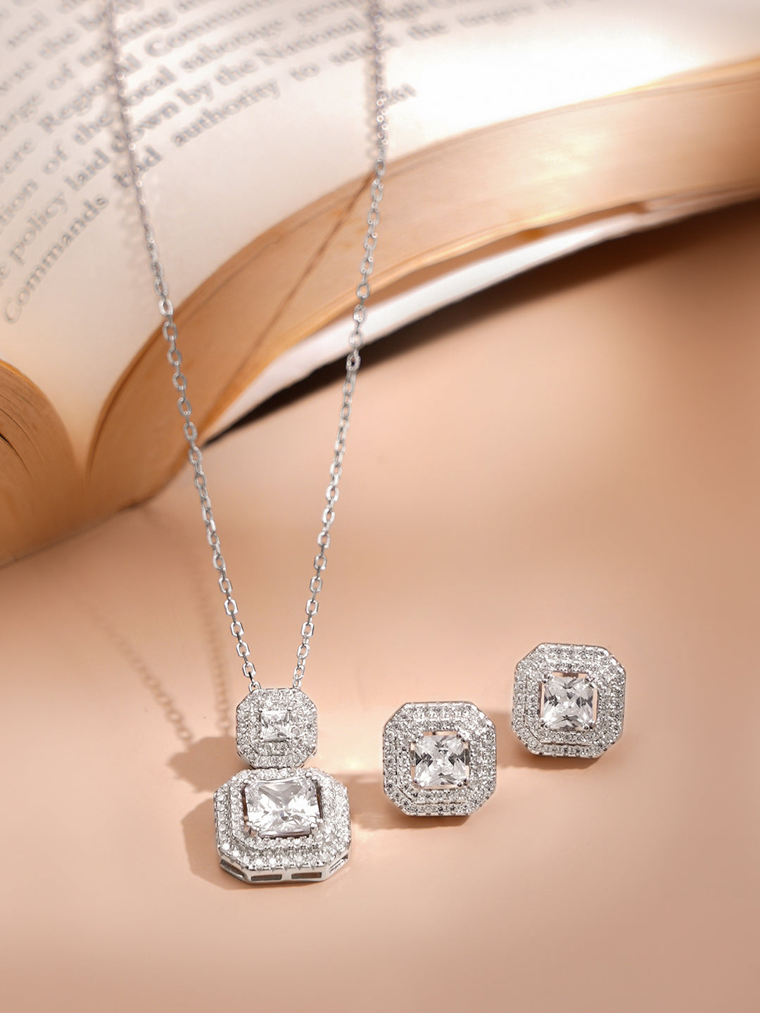 925 Fine Silver Rhodium Plated Cubic Charm Necklace Set フリーサイズ