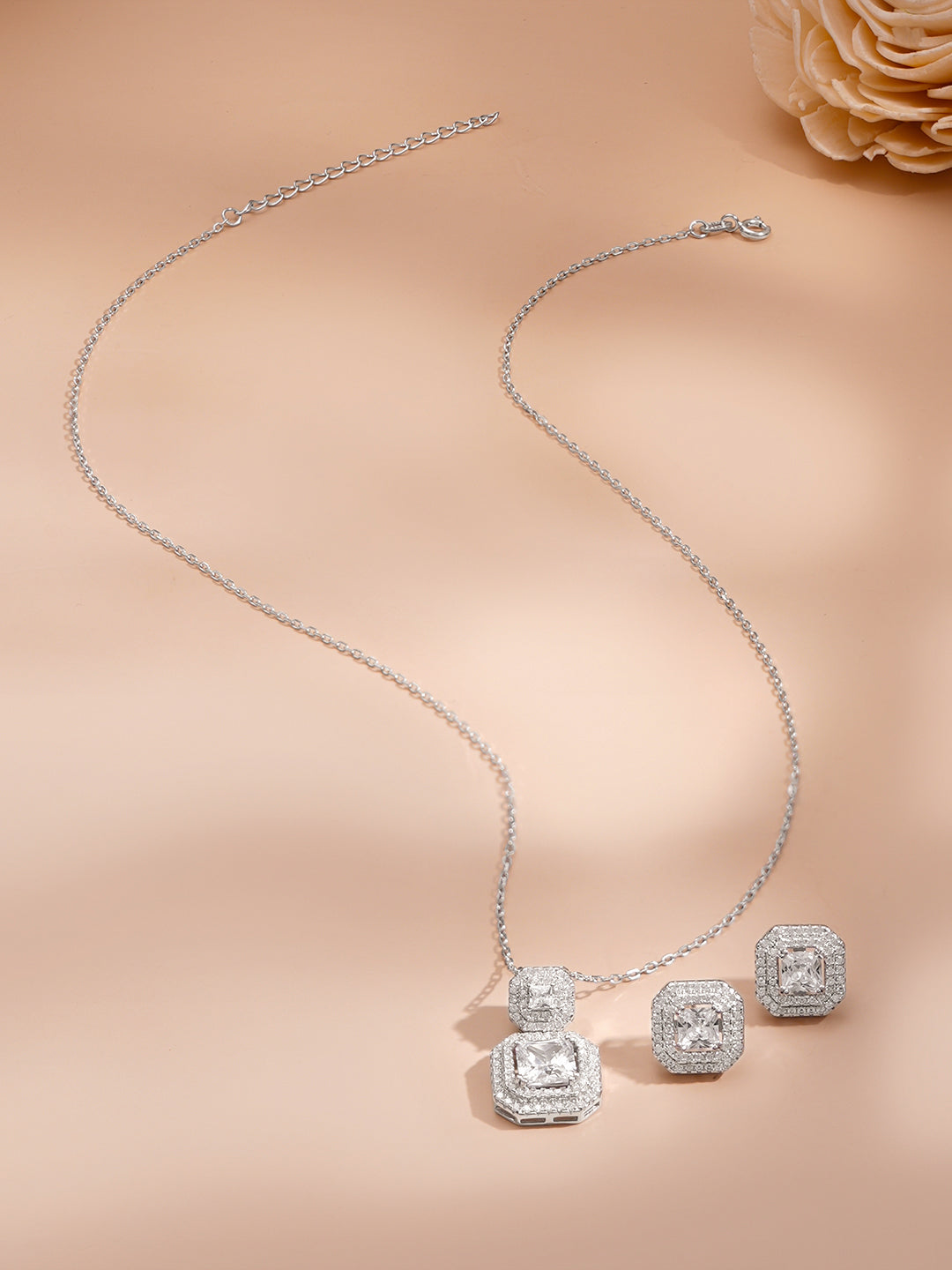 925 Fine Silver Rhodium Plated Cubic Charm Necklace Set フリーサイズ