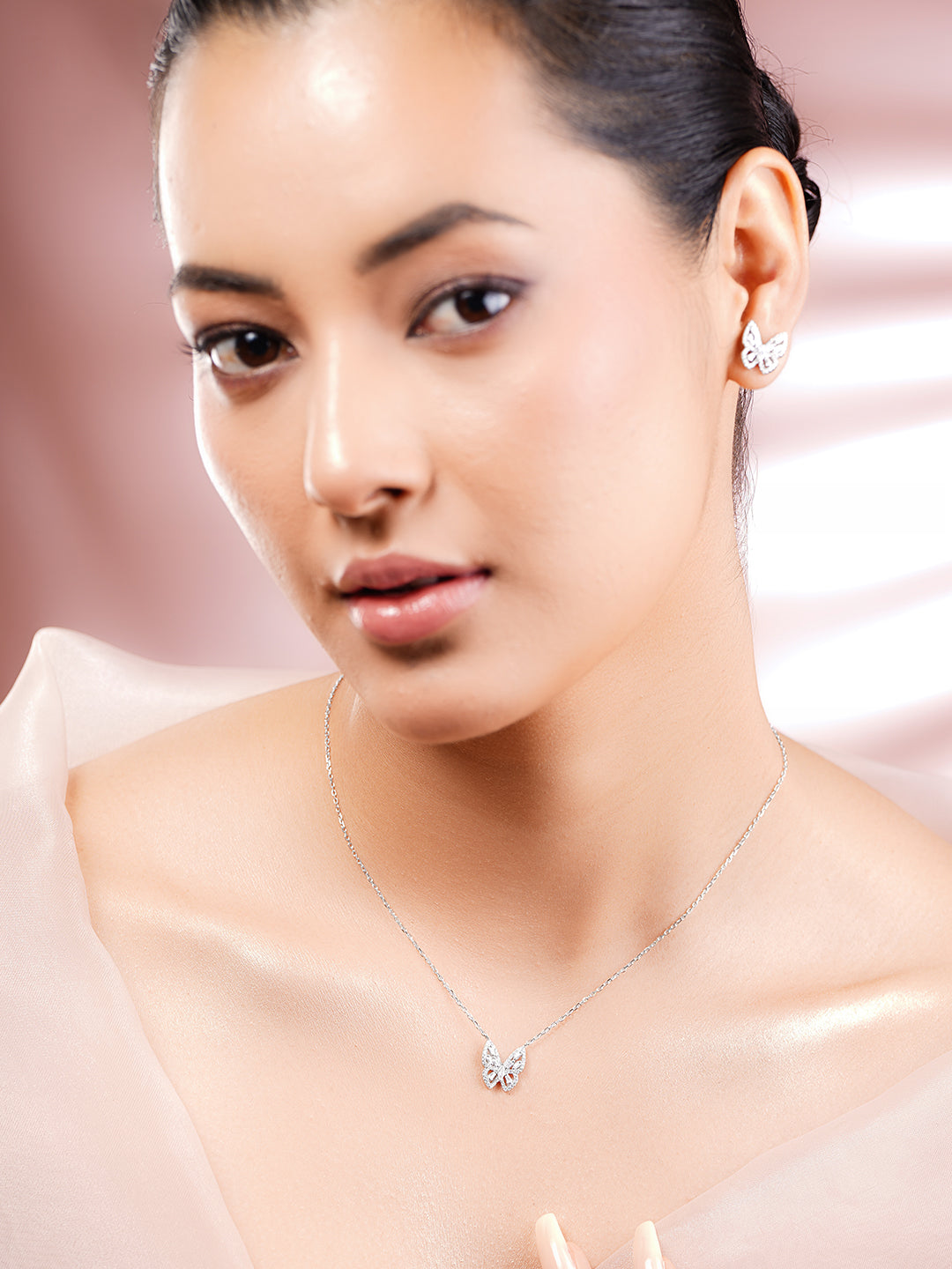 925 Fine Silver Rhodium Plated Cubic Zirconia Butterfly Pendant Necklace Set フリーサイズ
