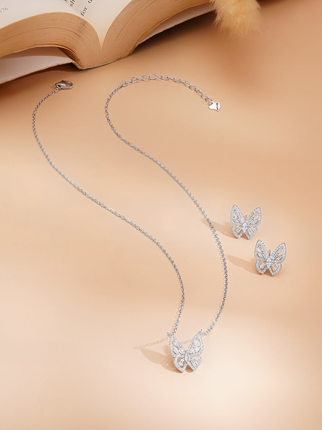 925 Fine Silver Rhodium Plated Cubic Zirconia Butterfly Pendant Necklace Set フリーサイズ
