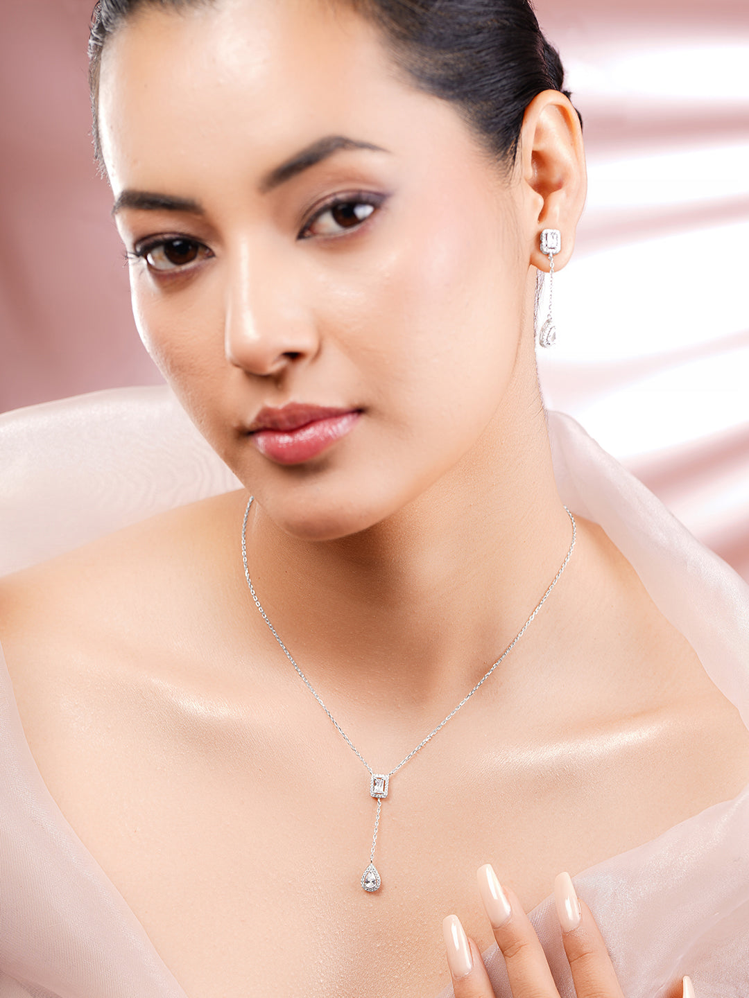 925 Fine Silver Rhodium Plated AD Drop Charm Necklace Set フリーサイズ