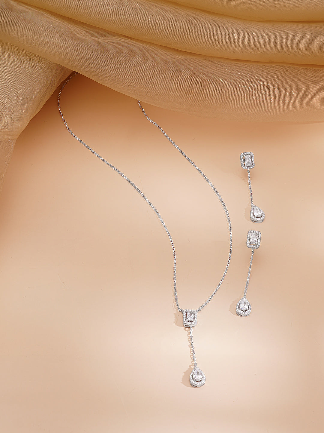 925 Fine Silver Rhodium Plated AD Drop Charm Necklace Set フリーサイズ