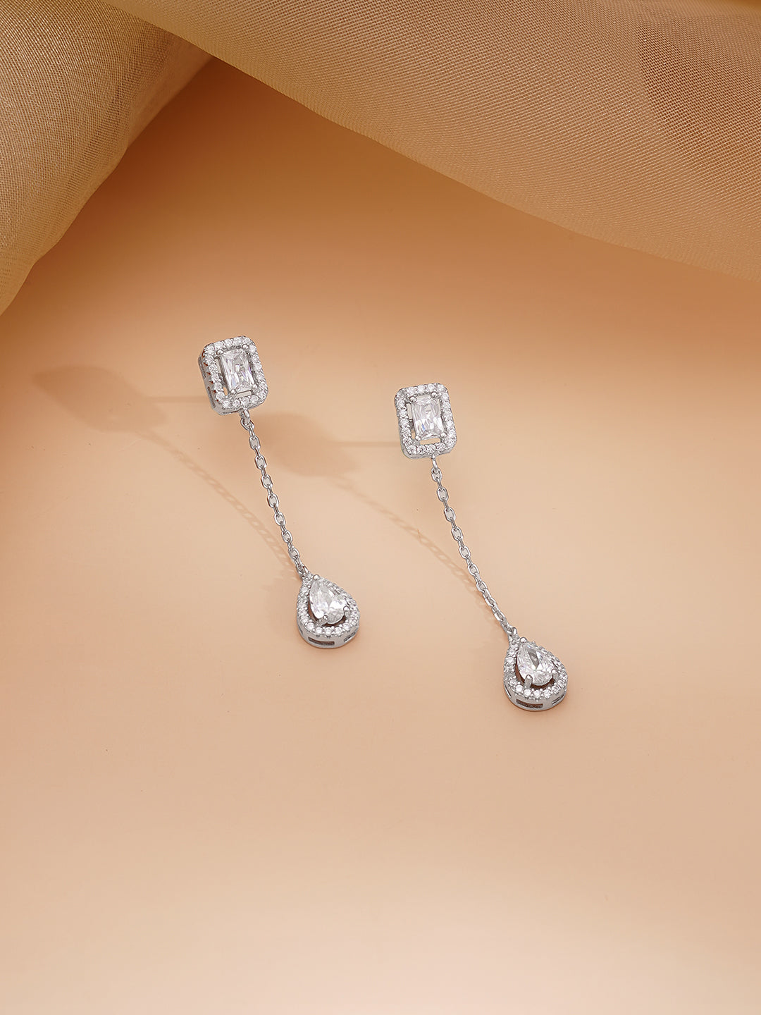 925 Fine Silver Rhodium Plated AD Drop Charm Necklace Set フリーサイズ