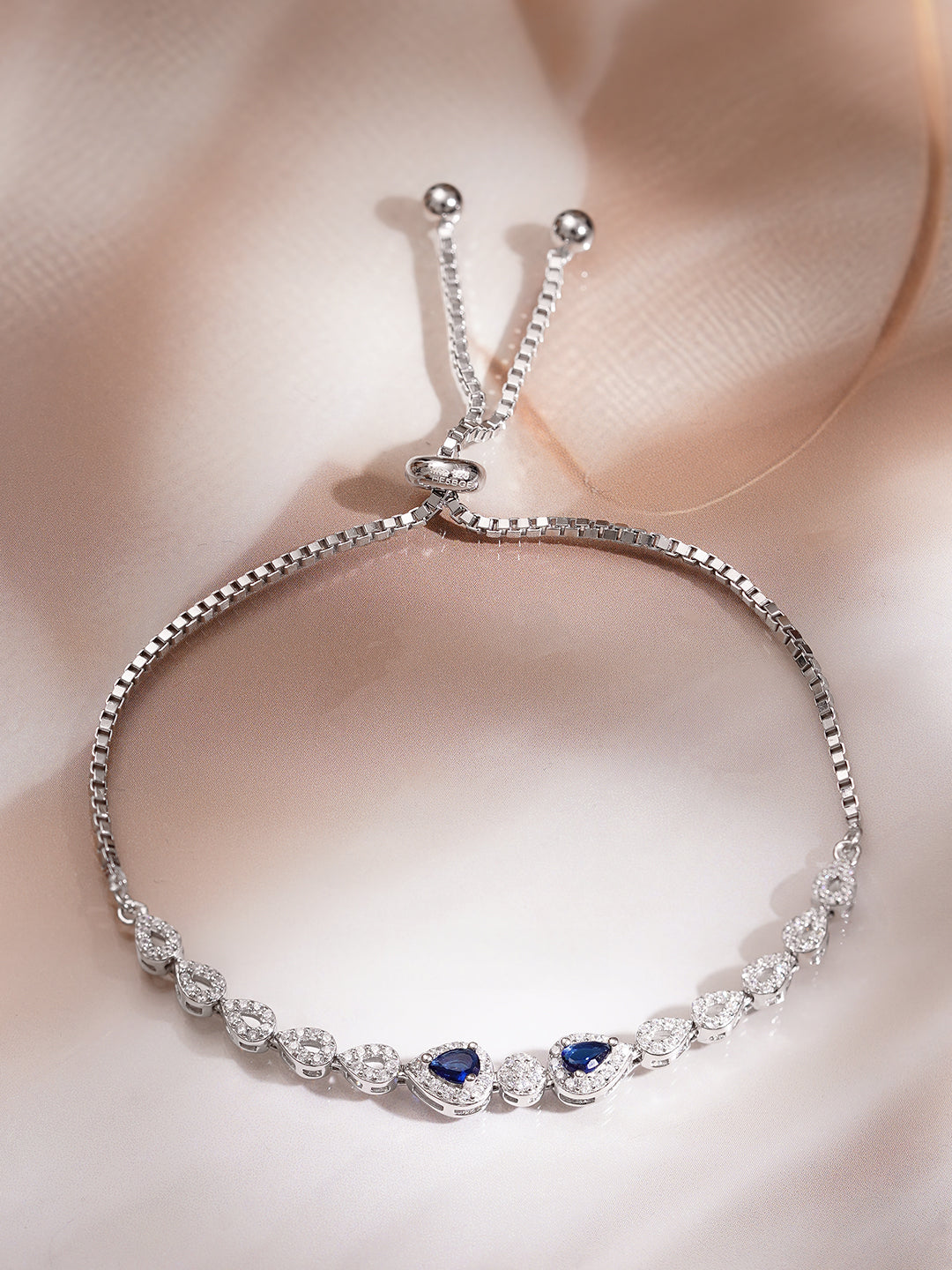 925 Fine Silver Rhodium Plated American Diamond Zirconia Blue Sapphire Bracelet フリーサイズ