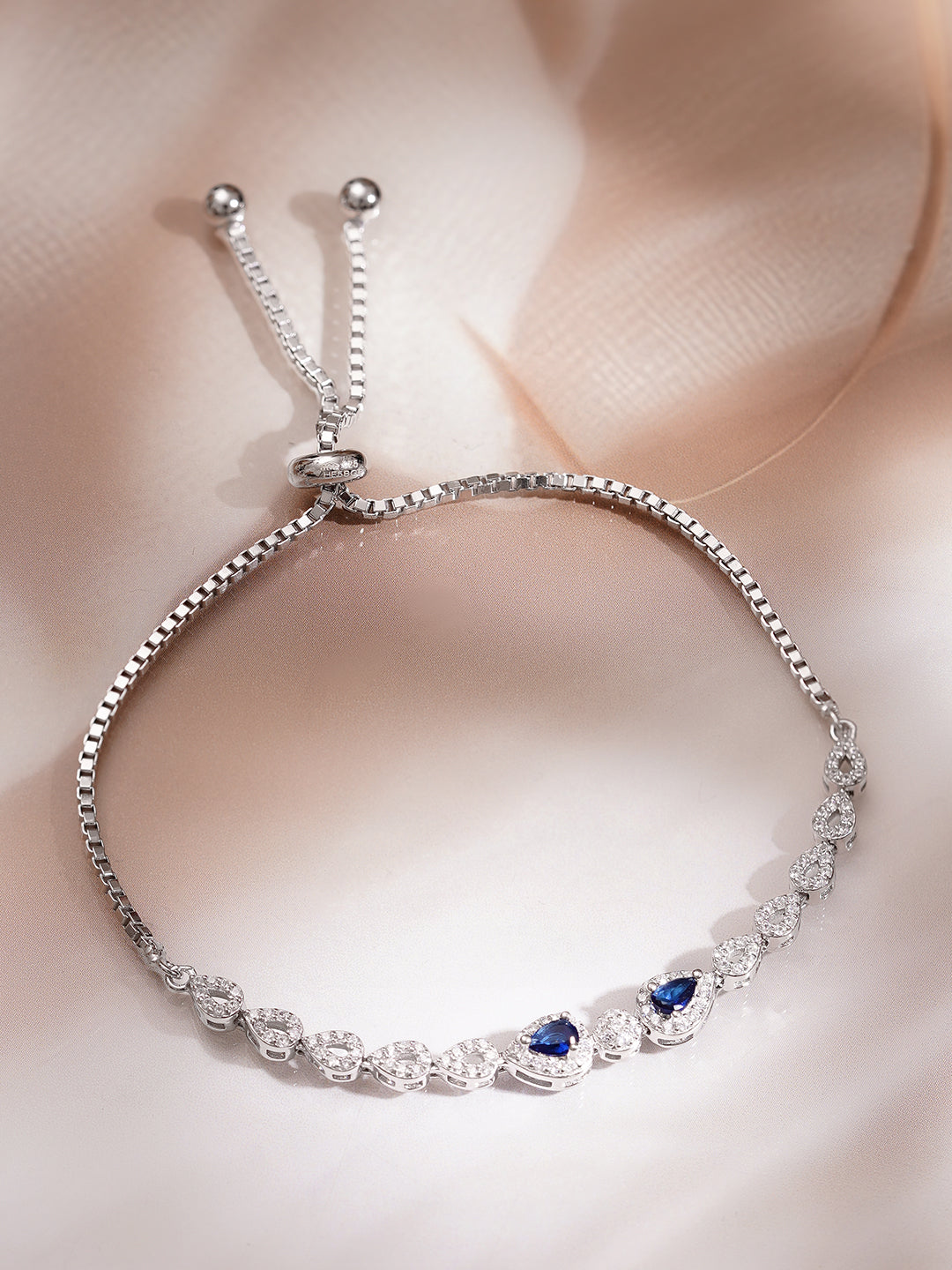 925 Fine Silver Rhodium Plated American Diamond Zirconia Blue Sapphire Bracelet フリーサイズ