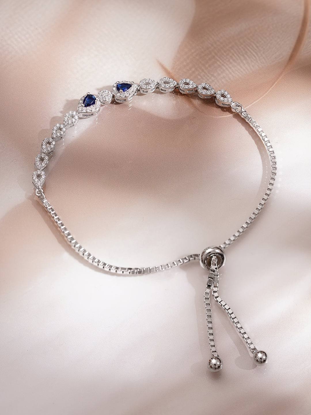 925 Fine Silver Rhodium Plated American Diamond Zirconia Blue Sapphire Bracelet フリーサイズ