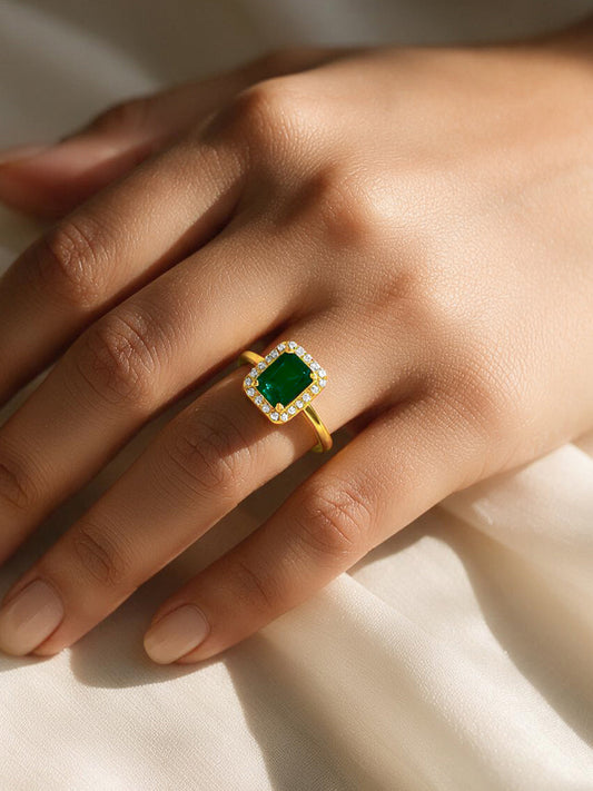 925 Fine Silver Gold Plated Green Emerald Cut Crystal Halo Ring フリーサイズ