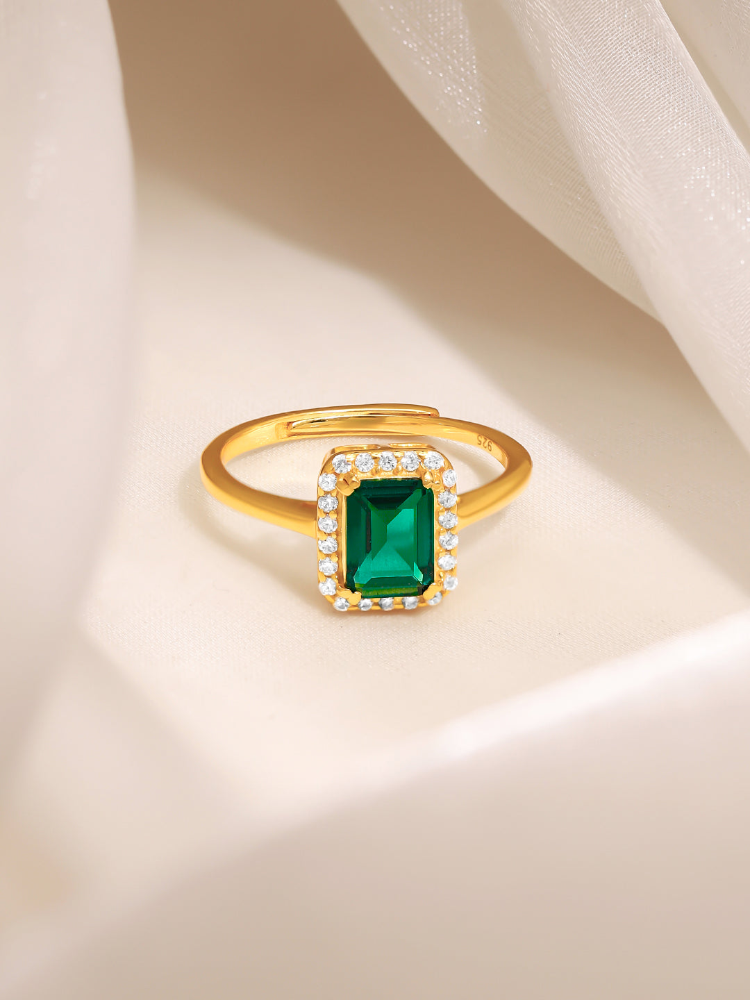 925 Fine Silver Gold Plated Green Emerald Cut Crystal Halo Ring フリーサイズ