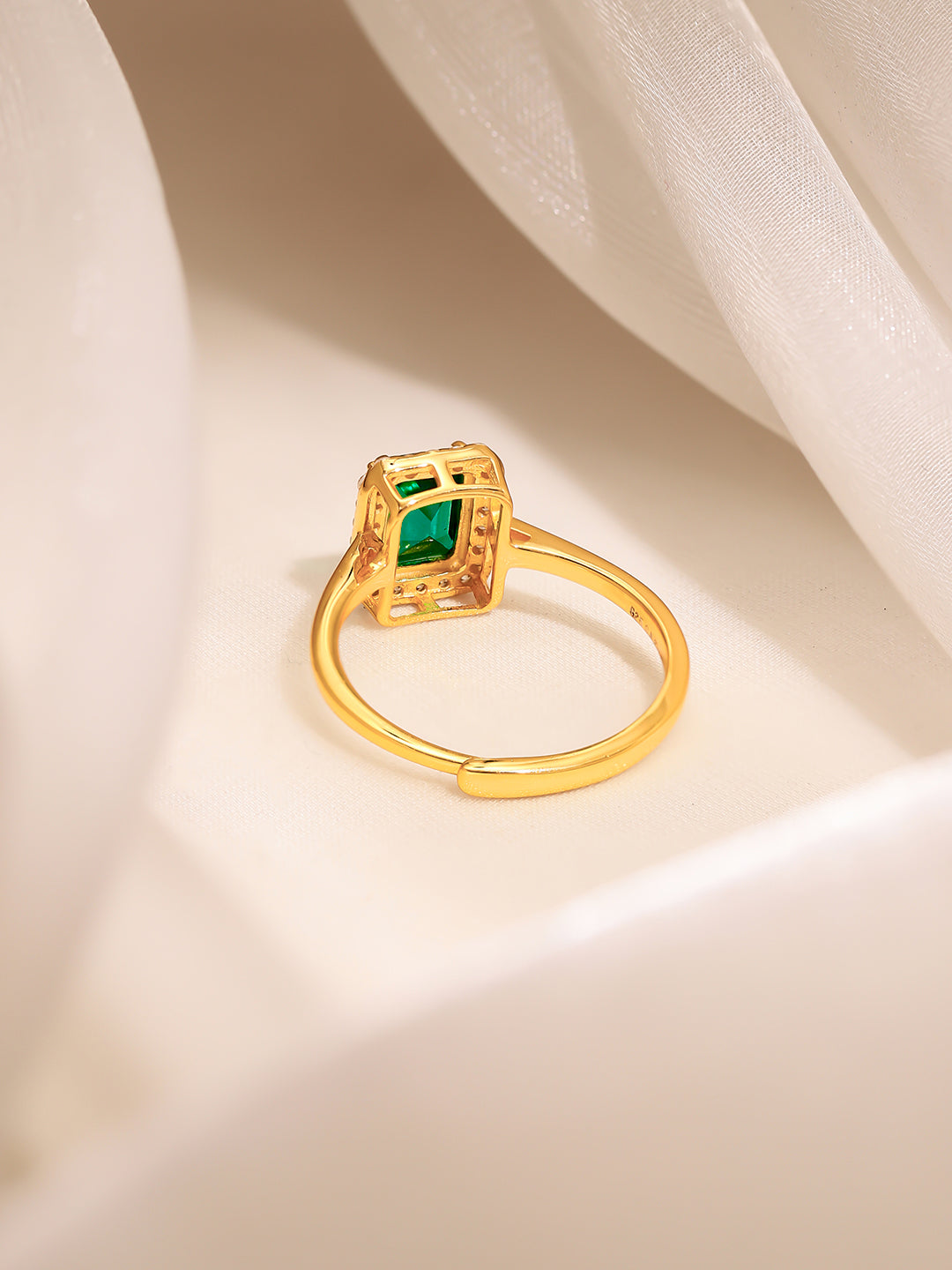 925 Fine Silver Gold Plated Green Emerald Cut Crystal Halo Ring フリーサイズ