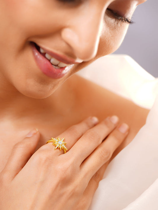 【Rubans】 925 Fine Silver Gold Plated Crystal Sunburst Statement Ring｜925 スターリングシルバー ゴールドメッキ クリスタル サンバースト ステートメントリング