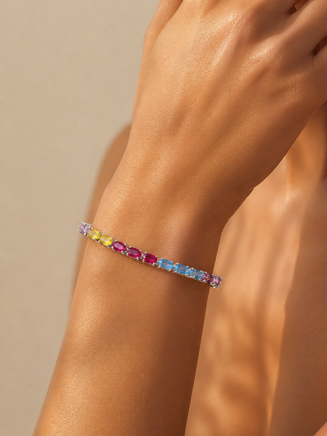 925 Fine Silver Rhodium Plated American Diamond Zirconia Multicolor Bracelet フリーサイズ