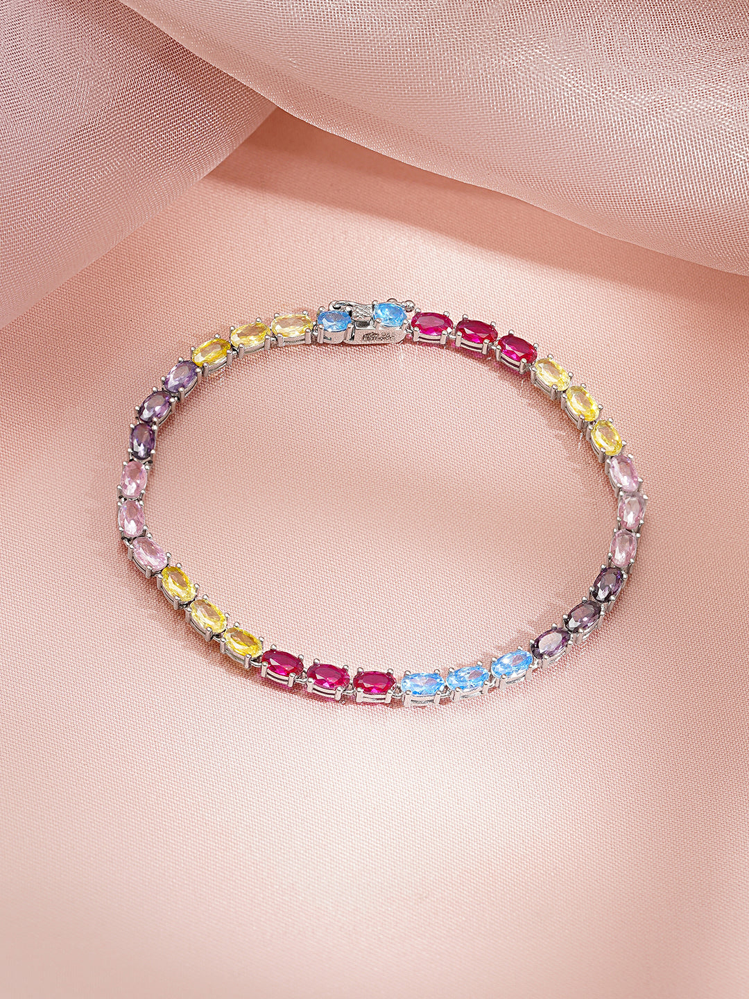 925 Fine Silver Rhodium Plated American Diamond Zirconia Multicolor Bracelet フリーサイズ