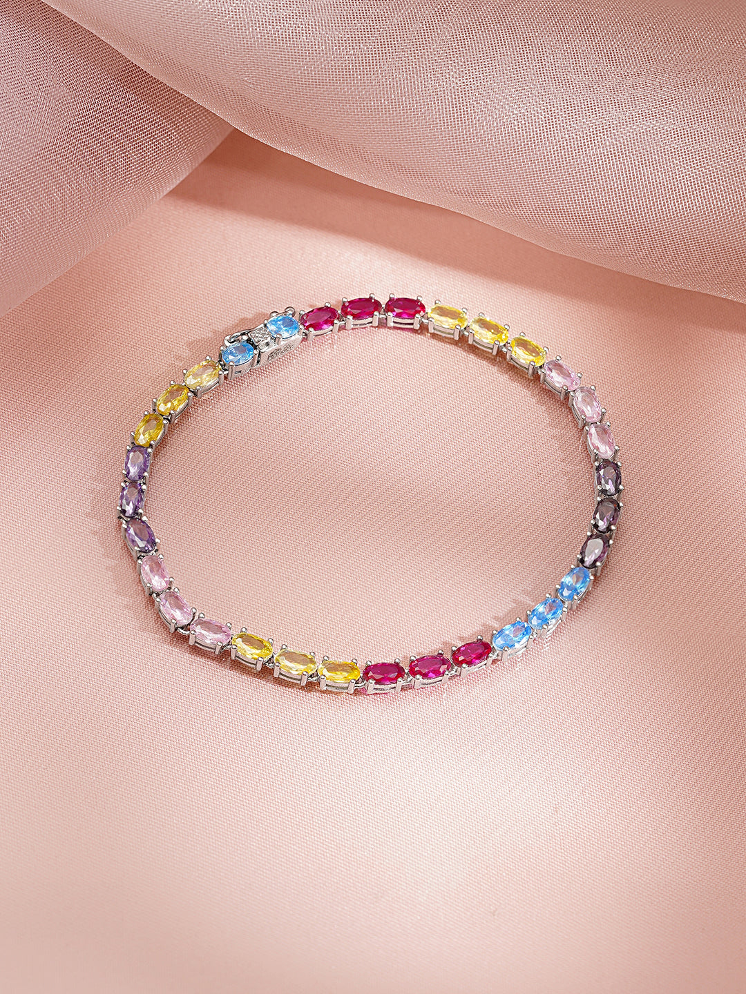 925 Fine Silver Rhodium Plated American Diamond Zirconia Multicolor Bracelet フリーサイズ