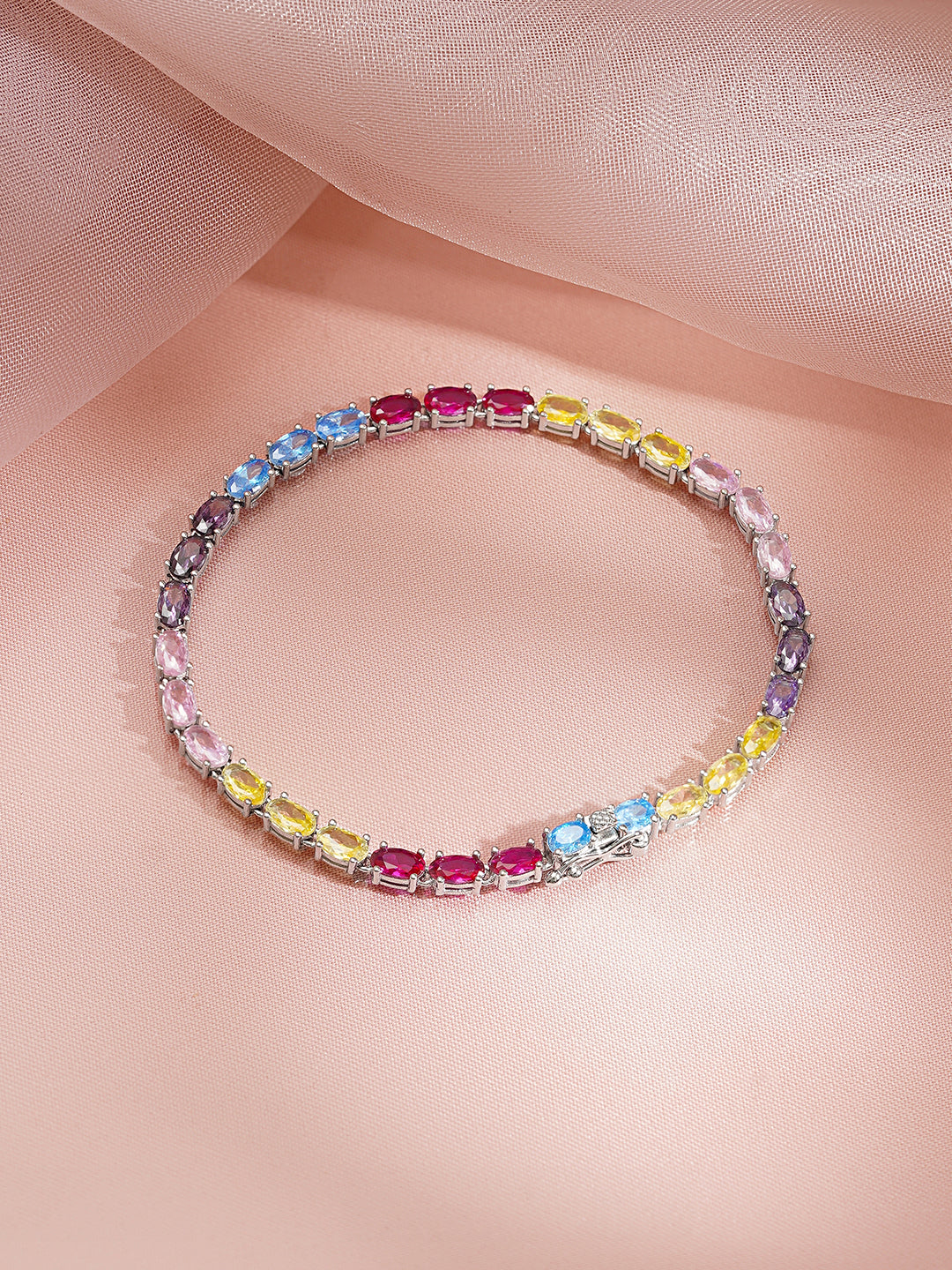 925 Fine Silver Rhodium Plated American Diamond Zirconia Multicolor Bracelet フリーサイズ