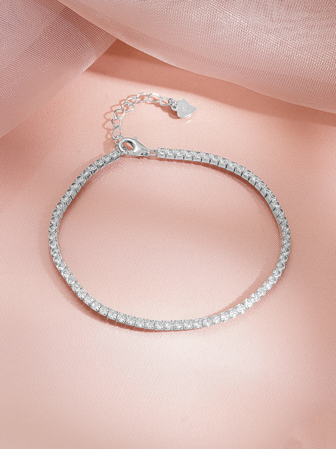 925 Fine Silver Rhodium Plated American Diamond Zirconia Link Bracelet フリーサイズ