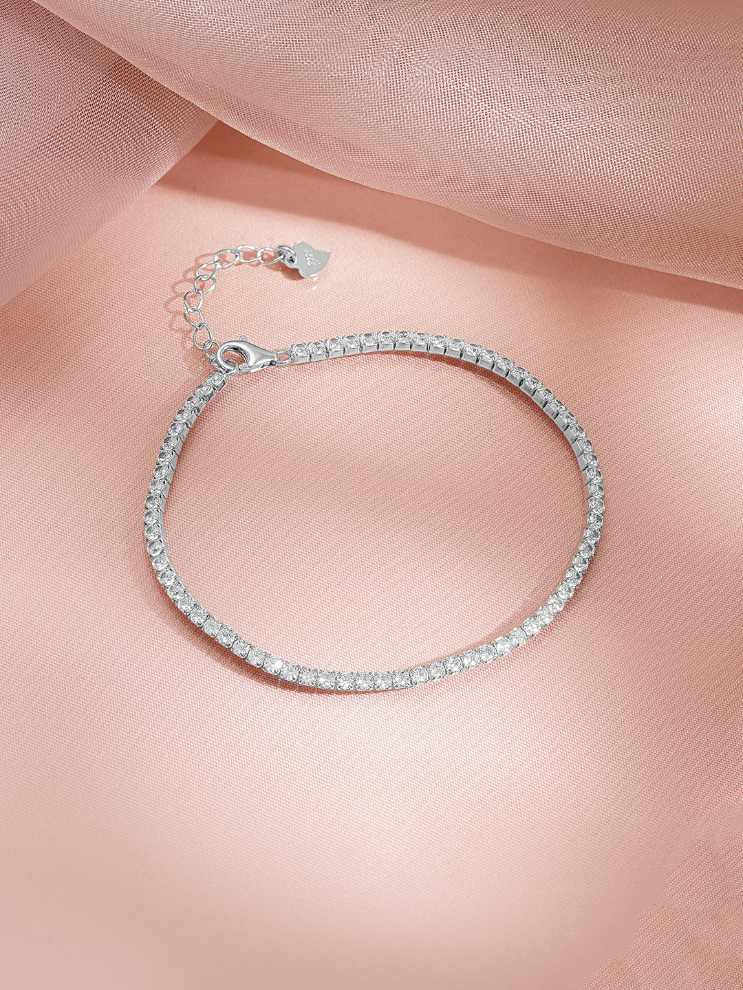 925 Fine Silver Rhodium Plated American Diamond Zirconia Link Bracelet フリーサイズ
