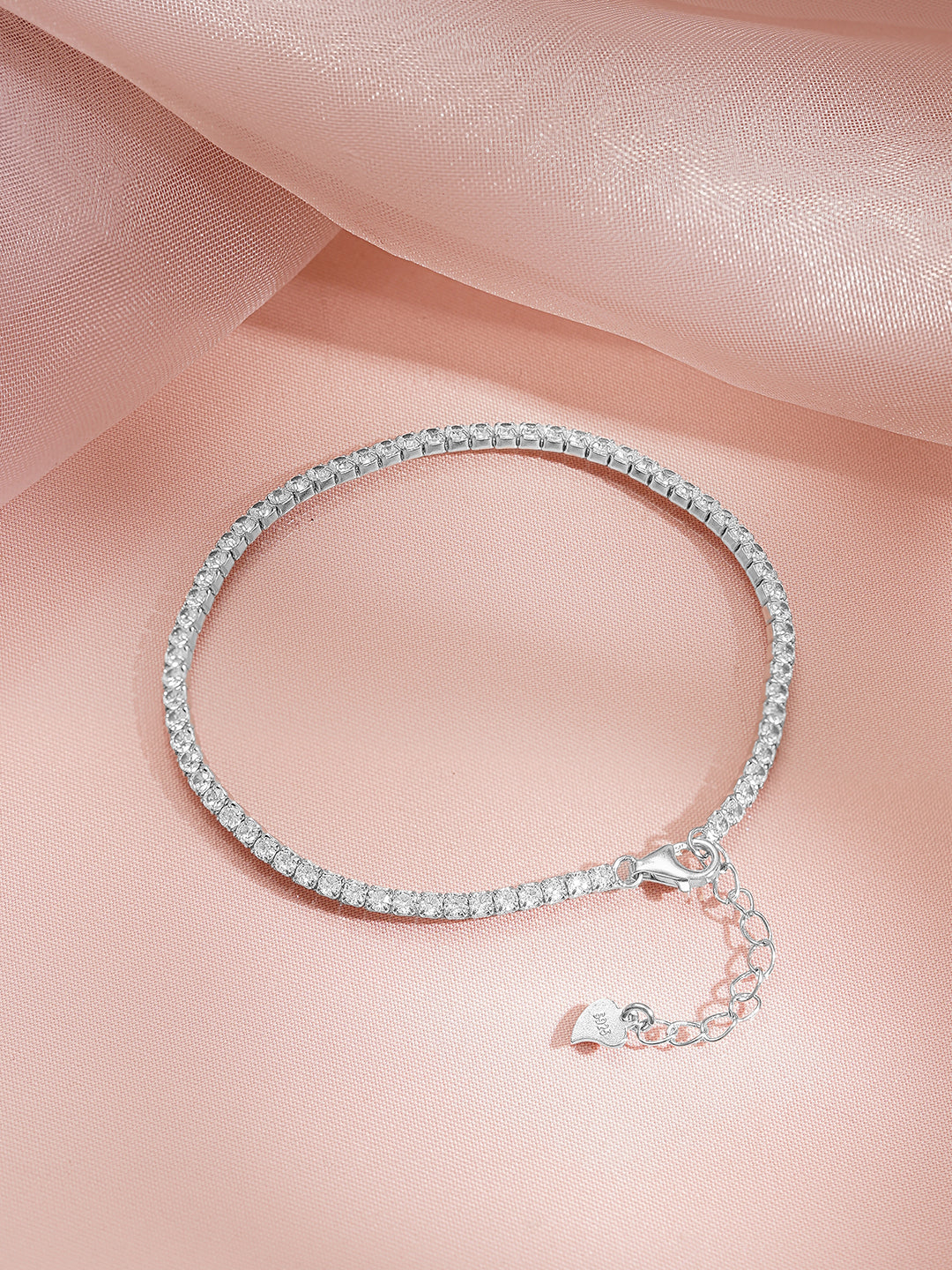 925 Fine Silver Rhodium Plated American Diamond Zirconia Link Bracelet フリーサイズ