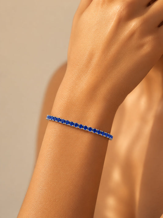 925 Fine Silver Rhodium Plated Blue Sapphire Bracelet With Heart Charm フリーサイズ